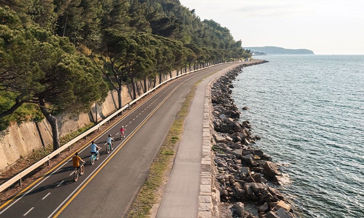 Family biking along lake coast